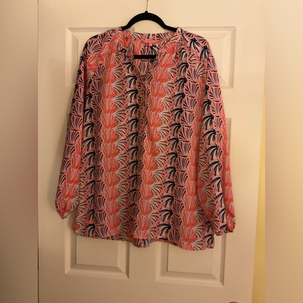 Simply Southern Pink Navy Coral Seashell Print Long Sleeve Blouse Tunic XL